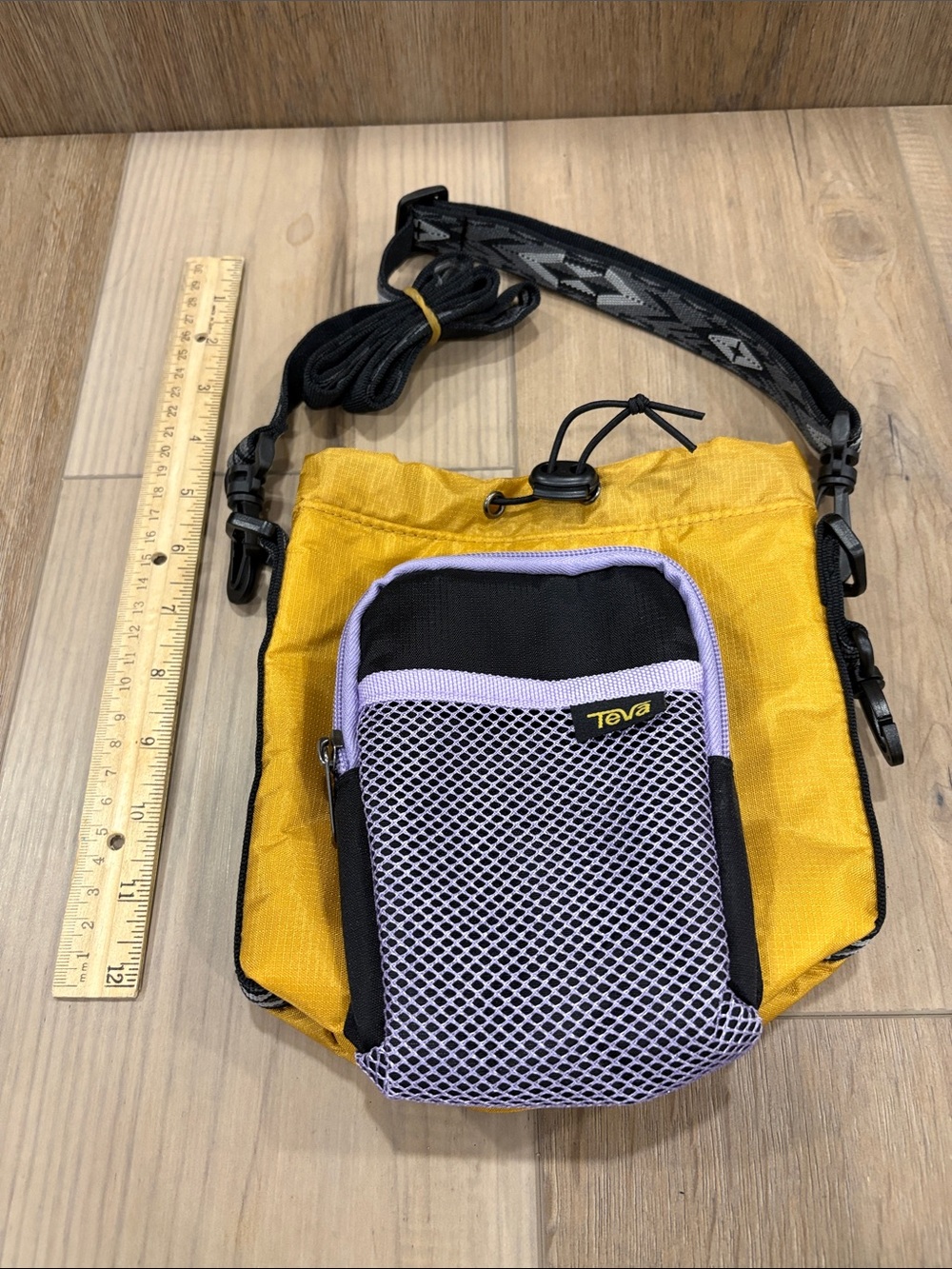 Teva Yellow Crossbody Drawstring Bag with Lavender Mesh Zip Pocket Ripstop